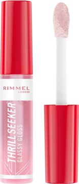 Rimmel Thrill Seeker Glassy Gloss Coco Suga, jasnoróżowy błyszczyk z dużą gąbeczką aplikatora, buteleczka otwarta.