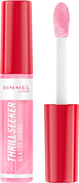 Rimmel Thrill Seeker Glassy Gloss Pink Candy, otwarty, z aplikatorem i różowym błyszczykiem.
