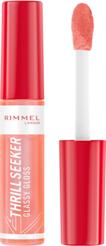 Rimmel Thrill Seeker Glassy Gloss Peachy Vibes, koralowy błyszczyk z aplikatorem i tubką.