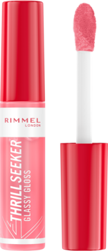 Rimmel Thrill Seeker Glassy Gloss, jasnoróżowy nawilżający błyszczyk. Przezroczysta tubka z czerwoną nakrętką, duży aplikator obok.