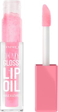 Rimmel Oh My Gloss! Lip Oil, nawilżający olejek do ust z dużym, różowym aplikatorem, widok z boku.