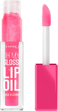 Rimmel Oh My Gloss! Lip Oil, przezroczysta butelka z jaskrawo różowym olejkiem i obok duży aplikator z gąbeczką.