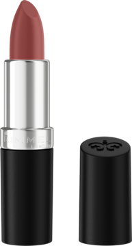 Otwarta pomadka Rimmel Lasting Finish w kolorze Mauve Quartz, z satynowym wykończeniem i czarną nakrętką obok.