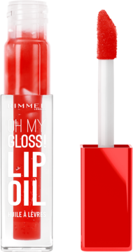 Rimmel Oh My Gloss! Lip Oil, przezroczysta butelka z czerwonym olejkiem, obok czerwony aplikator z pędzelkiem.