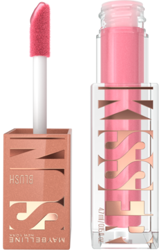 Płynny róż Maybelline Sunkisser Blush 05 Blazing Blush w otwartej butelce, z wyjętym aplikatorem gąbeczkowym.