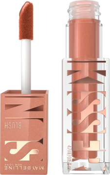 Płynny róż Maybelline Sunkisser Blush, brzoskwiniowy, z aplikatorem obok zamkniętej butelki.