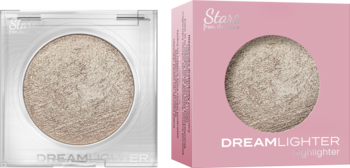 Stars Dreamlighter 02 Champagne Fizz rozświetlacz w srebrnym kompakcie, obok różowego pudełka z okienkiem.