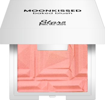 Otwarty biały kompakt Stars Moonkissed Baked Blush 01 Peach Freshness, z wytłaczanym, brzoskwiniowym różem.