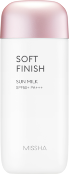 Missha Soft Finish Sun Milk SPF50+ PA++++ w białej butelce z różową nakrętką, widok z przodu.