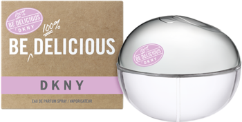 DKNY Be Delicious 100ml EDP w przezroczystym, jabłkowym flakonie, obok brązowego pudełka z różowym paskiem.