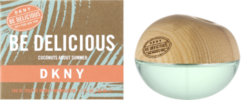 DKNY Be Delicious Coconuts About Summer woda, beżowe pudełko z palmami i okrągła butelka z drewnianym korkiem.