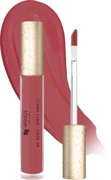 Błyszczyk do ust So Juicy Dirty Pink: zamknięta tubka, otwarta z aplikatorem, obok duży swatch koloru.
