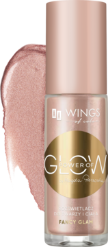 Rozświetlacz Power of Glow Fancy Glam w eleganckiej różowo-złotej butelce, widok z przodu obok swatchu.