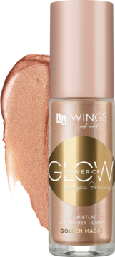 Złocisty rozświetlacz Power of Glow Golden Magic do twarzy i ciała w butelce, obok błyszcząca smuga.