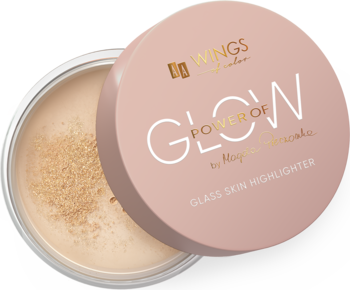 Otwarty pudrowy rozświetlacz Power of Glow, Glass Skin, w beżowym odcieniu, z różową pokrywką obok, widok z góry.