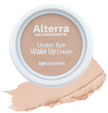 Alterra Under Eye Wake Up Cream, biały słoiczek z beżowym kremem rozświetlającym i smużką, widok z góry.