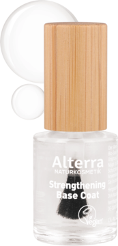 Alterra Strengthening Base Coat, przezroczysta wzmacniająca baza do paznokci, butelka z drewnianą nakrętką, widok z przodu.