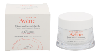 Avène Crème Nutritive Revitalisante: biały słoiczek i pudełko kremu do cery suchej i wrażliwej, widok z przodu.