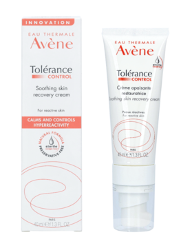 Avène Tolérance Control Soothing skin recovery cream. White box & tube with pump, red details.