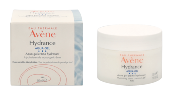 Avene Hydrance Aqua Gel, krem-żel nawilżający do skóry odwodnionej, pudełko i słoik z przodu.