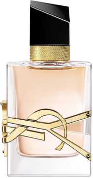 YSL Libre perfumy, prostokątny flakon z płynem, złotym logo YSL i czarną asymetryczną nakrętką.