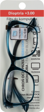 Niebieskie okulary komputerowe +3.00 z filtrem Blue Block na białej karcie produktowej, widok z przodu.