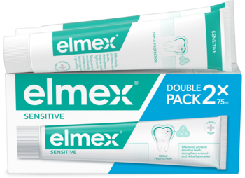 Biała pasta Elmex Sensitive 2x75ml, podwójny zestaw w pudełku, jedna tubka częściowo wysunięta.