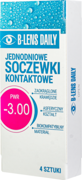Białe opakowanie soczewek B-Lens Daily, jednodniowe, moc -3.00, 4 sztuki. Widok przodu.