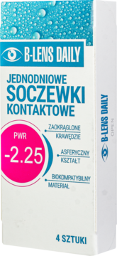 Opakowanie B-Lens Daily jednodniowych soczewek kontaktowych, moc -2.25, 4 sztuki, widok z przodu.