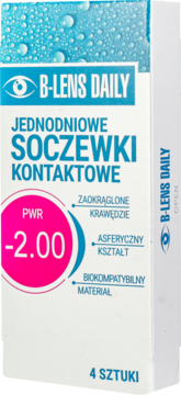 Białe opakowanie soczewek B-Lens Daily o mocy -2.00, z niebieskimi i różowymi akcentami, widok z przodu.