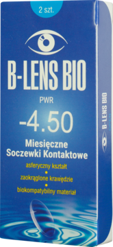 B-LENS BIO miesięczne soczewki kontaktowe -4.50, niebieskie pudełko na 2 sztuki, widok z przodu.
