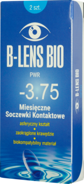 Miesięczne soczewki kontaktowe B-LENS BIO -3.75, niebieskie opakowanie 2 sztuk z logo oka, widok z przodu.