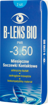 Niebieskie opakowanie miesięcznych soczewek B-Lens Bio PWR -3.50 (2 szt.), widok z przodu, z logo oka.