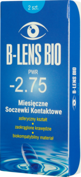 Opakowanie miesięcznych soczewek B-LENS BIO -2.75 PWR, niebieskie pudełko z napisem 2 szt.