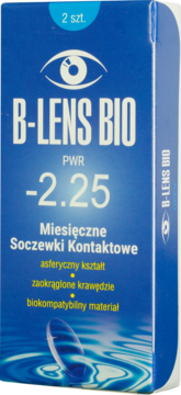 Front niebieskiego opakowania miesięcznych soczewek B-Lens Bio PWR -2.25, 2 szt., asferyczne i biokompatybilne.
