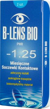 B-lens Bio miesięczne soczewki kontaktowe, moc -1,25, 2 szt., w niebieskim pudełku, widok z przodu.
