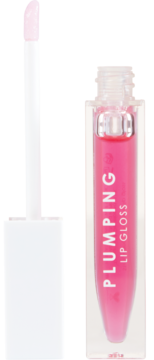 Jaskrawo różowy błyszczyk powiększający Plumping Lip Gloss, otwarta butelka z wyjętym aplikatorem obok.