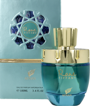 Afnan Rare Tiffany, turkusowe perfumy damskie ze złotym korkiem, przed eleganckim pudełkiem z wycięciem.