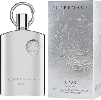 Supremacy Silver Afnan męskie perfumy, biała butelka i pudełko stojące obok siebie, lekko pod kątem.