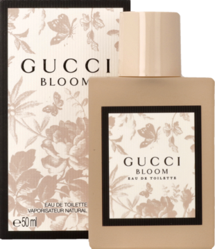 Gucci Bloom EDT 50ml w beżowej butelce z czarną etykietą i pudełko z motywem kwiatów, widok z przodu.