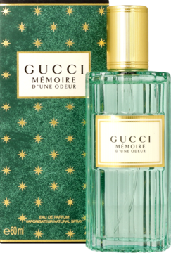 Gucci Mémoire d'Une Odeur EDP 60ml, zielona butelka z żłobionego szkła obok zielonego pudełka w złote gwiazdki.