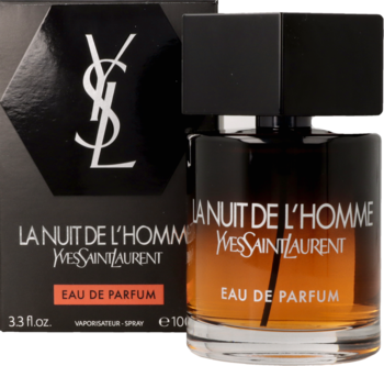 Męska woda perfumowana Yves Saint Laurent La Nuit de L'Homme, bursztynowa butelka i czarne pudełko, widok z przodu.