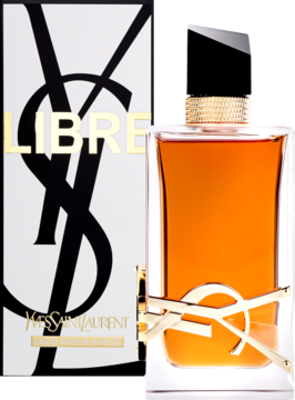 Yves Saint Laurent Libre Intense, perfumy damskie. Złoty flakon z logo YSL i białe pudełko, widok z przodu.