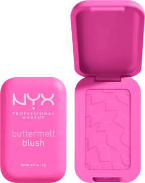 Jaskrawo-różowy róż NYX Buttermelt, kasetka zamknięta obok otwartej z widocznym wytłoczonym wzorem na pudrze.