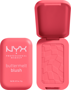 Dwie koralowe puderniczki różu NYX Buttermelt. Jedna zamknięta z logo, druga otwarta z falistym wzorem.
