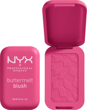 Róż NYX Buttermelt w fuksjowym kompakcie. Widok dwóch pudełek: zamkniętego z logo i otwartego z wytłaczaną teksturą.