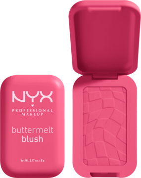 Róż NYX Buttermelt w odcieniu Getting Butta. Dwa różowe kompakty: jeden zamknięty, drugi otwarty z wytłoczeniem.