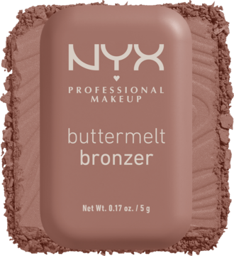 NYX Buttermelt Bronzer w jasnobrązowym kompakcie, widok z góry, na rozsypanym pudrze bronzera.