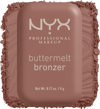 NYX Buttermelt Bronzer do twarzy w brązowej, prostokątnej puderniczce z logo, na rozsypanym pudrze.