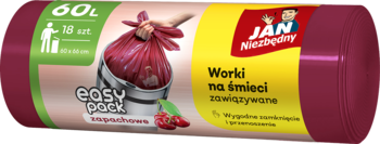 Jan Niezbędny Easy Pack worki na śmieci 60L, wiśniowy zapach, zawiązywane, bordowa rolka.